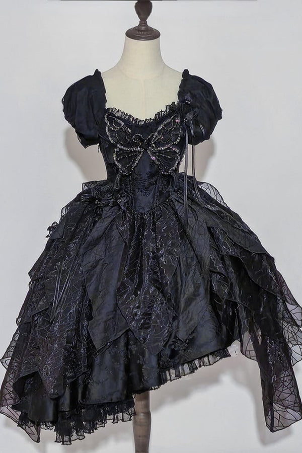 【10月28日予約締切】Black Butterfly Gothic Lolita Puff Sleeve Dress Top + Layered Ruffle Asymmetrical Hem Skirt Set (With Chest Brooch + Waist Brooch)