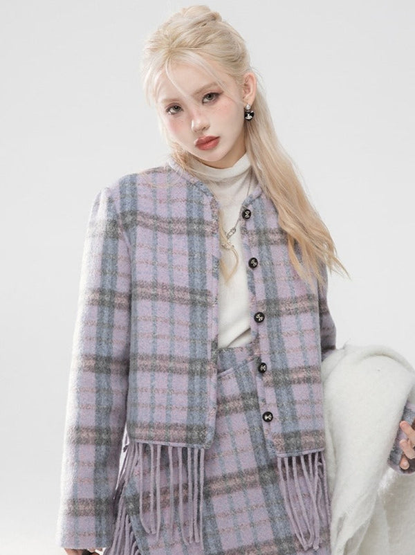 Twylight Violet Wool Check Tassel Jacket + Skirt