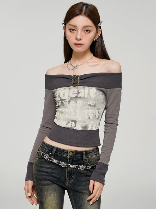 Gray Contrast Color One Shoulder Printed Top