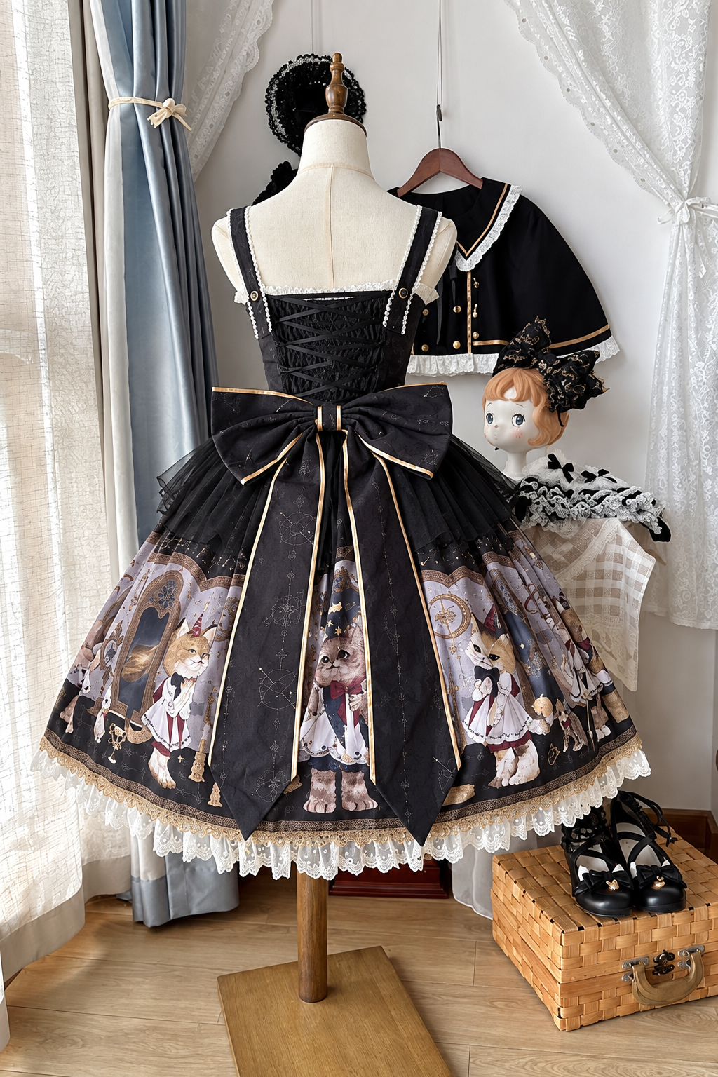 Reservation Deadline: December 26 Black Gold Gothic Lolita Cat Choir Series Accessories (Cat Ear BB Hat + Back Ribbon Train + Pair of Side Ribbons with Musical Note and Cross Motifs + Cat Print Ribbon KC + Black Cat Ear Lace Mini Hat)