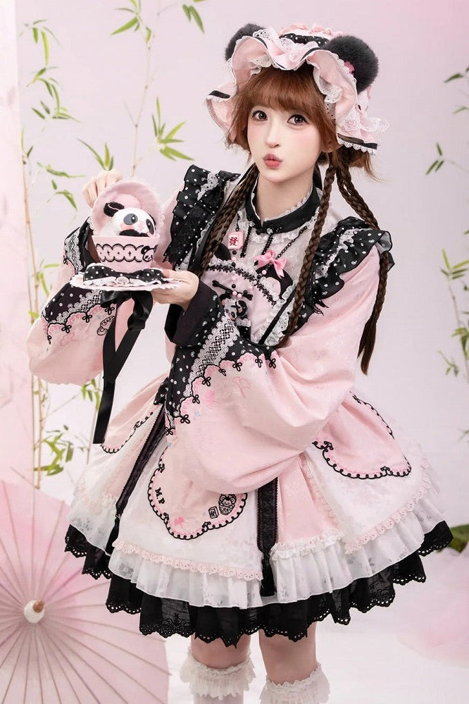 [Pre-order Deadline: October 25] Pink/White/Green Chinoiserie Lolita Sweet Panda Polka Dot Lace Apron Ruffle OP Dress