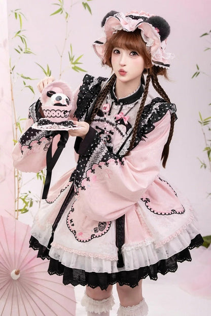 [Pre-order Deadline: October 25] Pink/White/Green Chinoiserie Lolita Sweet Panda Polka Dot Lace Apron Ruffle OP Dress