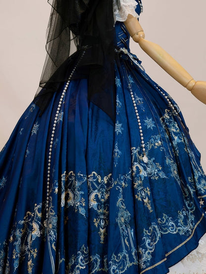 【5月3日予約締切】ダークブルーホワイトコルセットレースリボンロリータJKSプリンセスドレス＋コンプリートセット