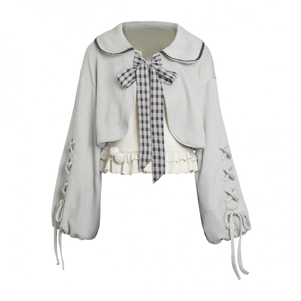 Check Ribbon Camisole Two Piece Jacket + Cape Coat + Skirt