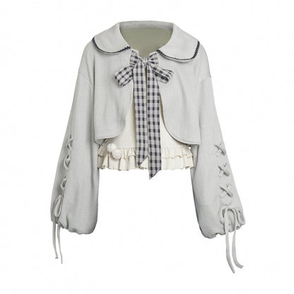 Check Ribbon Camisole Two Piece Jacket + Cape Coat + Skirt