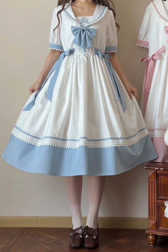 [Reservierungsschluss 28. Juni] 5 Farben/Sailor-Lolita-Streifenkleid mit Schleife und Puffärmeln