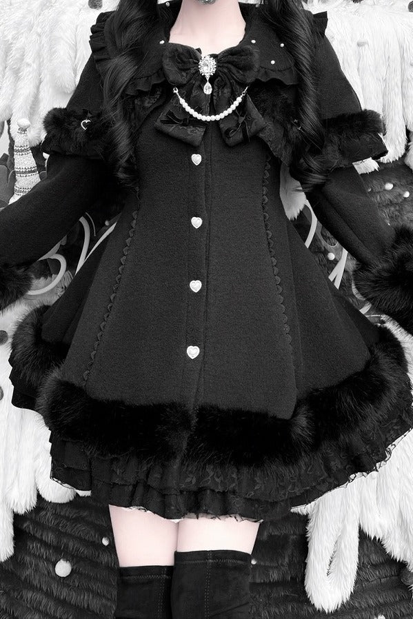 【11月13日予約締切】Black Pearl Bow-Tie Fur Coat With Detachable Cape And Fur Cuffs