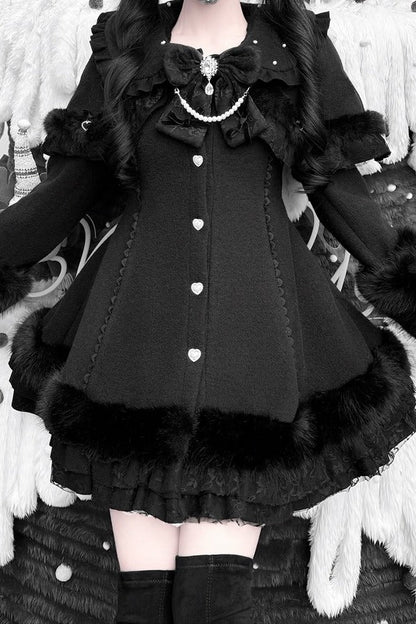 【11月13日予約締切】Black Pearl Bow-Tie Fur Coat With Detachable Cape And Fur Cuffs