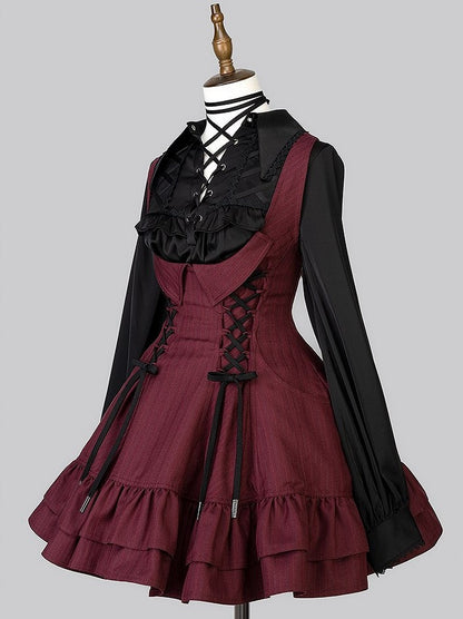 【12月29日予約締切】ゴシックロリータダークカラーストライプバッククロスフリルサスドレス