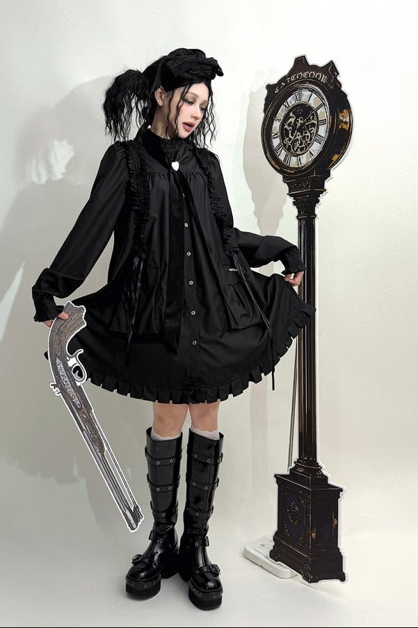 【11月6日予約締切】White/Black Gothic Lolita Drawstring Frill Strap Doll Dress