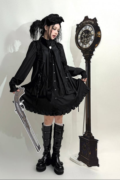 【11月6日予約締切】White/Black Gothic Lolita Drawstring Frill Strap Doll Dress