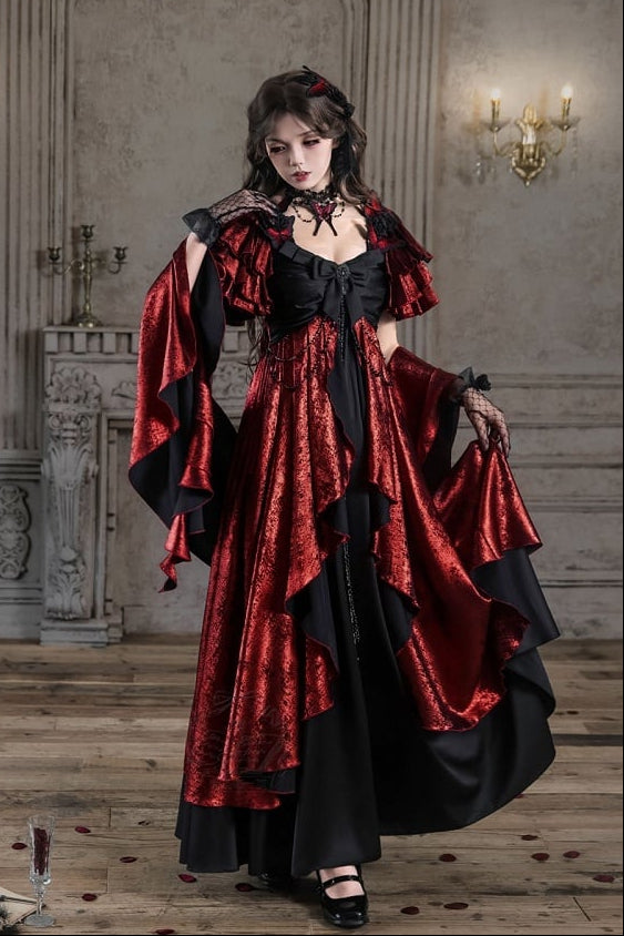 [Date limite de précommande: 105] Robe empire gothique élégante à volants cascade rouge/bleu [courte/longue] + ensemble robe complet (châle, broche papillon, chaîne de taille, traîne à nœud au dos)