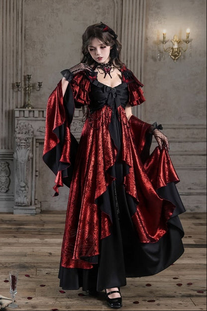 [Date limite de précommande: 105] Robe empire gothique élégante à volants cascade rouge/bleu [courte/longue] + ensemble robe complet (châle, broche papillon, chaîne de taille, traîne à nœud au dos)