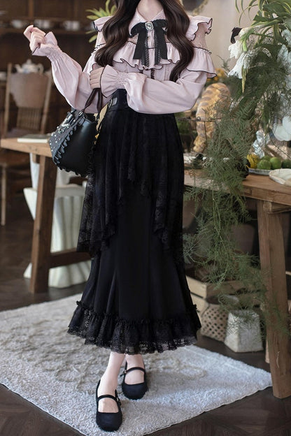 [Termine prenotazione 29 settembre] Blusa rosa in pizzo trasparente con volant e fiocco gioiello + gonna a sirena in tulle a strati + minigonna in pizzo con fiocco gioiello