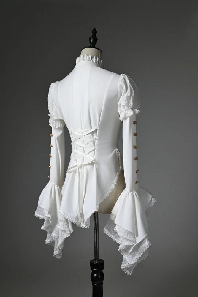 [Pre-order Deadline: July 25] Black/White Gothic Lolita Elegant Ruffle High-Neck Bell-Sleeve Lace Ruffle Shirt
