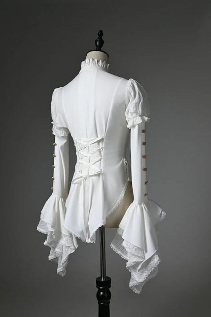 [Pre-order Deadline: July 25] Black/White Gothic Lolita Elegant Ruffle High-Neck Bell-Sleeve Lace Ruffle Shirt