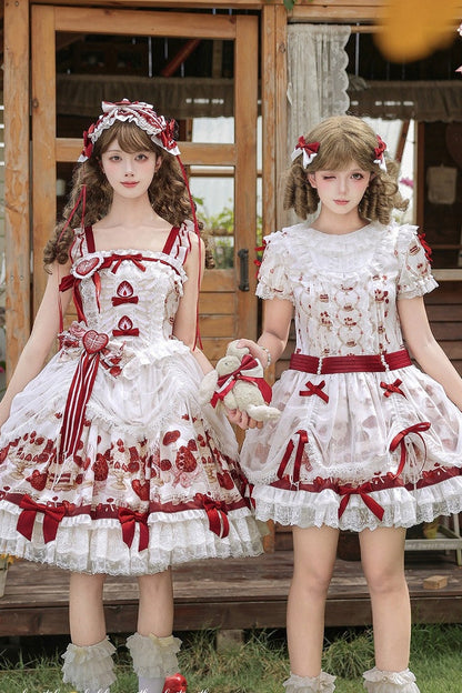 【11月4日予約締切】Strawberry Print Sweet Lolita Lace Bow JSK Dress + Puff Sleeve Lace Bow Doll Dress with Bone Embroidery Apron