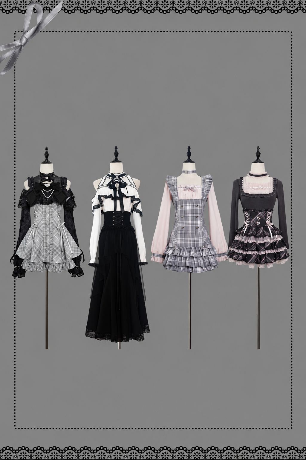 [Pre-order Deadline: October 30] Dark Gothic Black and Gray Plaid Cold-Shoulder Ribbon Lace Dress Set (Including Shorts, Bow Tie, Small Bows*1) + Chain Ribbon Accessories for Sleeves