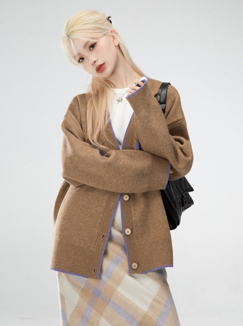 Brownie Camel Retro Loose Sweater V-Neck Cardigan