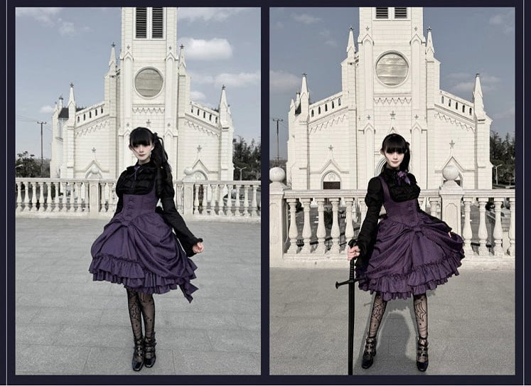 [Précommande jusqu'au 18 avril] Robe corset Lolita gothique à motif sombre et dentelle violette