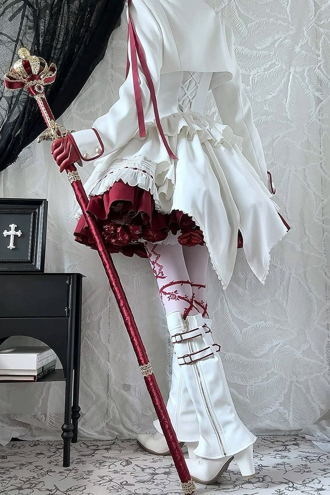 【9月13日予約締切】White Burgundy Military Ruffle Lolita Jacket (with epaulet bow) + Shirt + Short Skirt Set / Shorts Set + Complete set 1/2 (Officer cap + Leg covers + Sash)