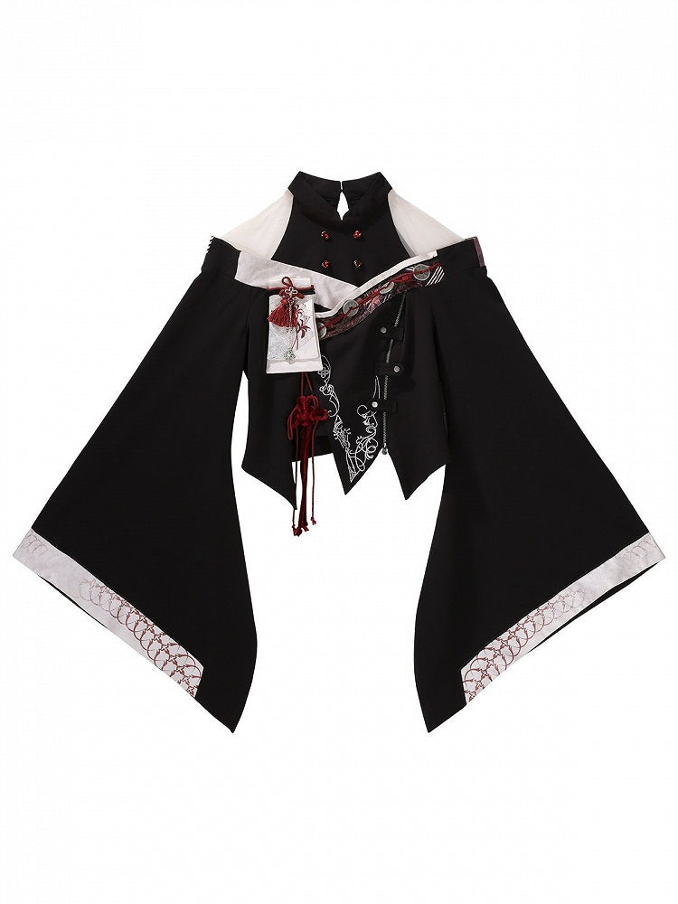 【10月7日予約締切】Black and Red Chinese Dark Gothic Lolita Wide Sleeve Asymmetrical Hem Top + Layered Ruffle Skirt + Necklace + Full Set