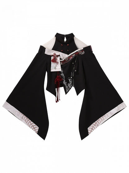 【10月7日予約締切】Black and Red Chinese Dark Gothic Lolita Wide Sleeve Asymmetrical Hem Top + Layered Ruffle Skirt + Necklace + Full Set