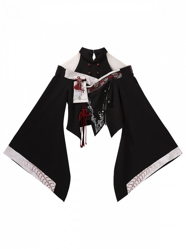 【10月7日予約締切】Black and Red Chinese Dark Gothic Lolita Wide Sleeve Asymmetrical Hem Top + Layered Ruffle Skirt + Necklace + Full Set