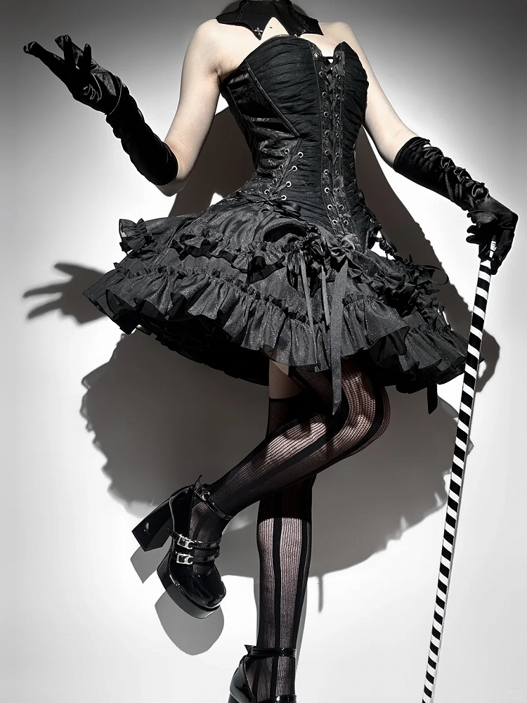 【1月29日予約締切】ゴシックレースアップコルセットビスチェトップス＋ドロストフリルスカート＋バタフライストラップ