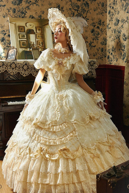 【9月10日予約締切】Red/Platinum Gold Rococo Fantasy Puff Sleeve Ribbon Tiered Princess Lolita Dress Bridal＋Full set[Op Dress + Feather Hat + Choker + Back Ribbon Train + Lace Gloves]