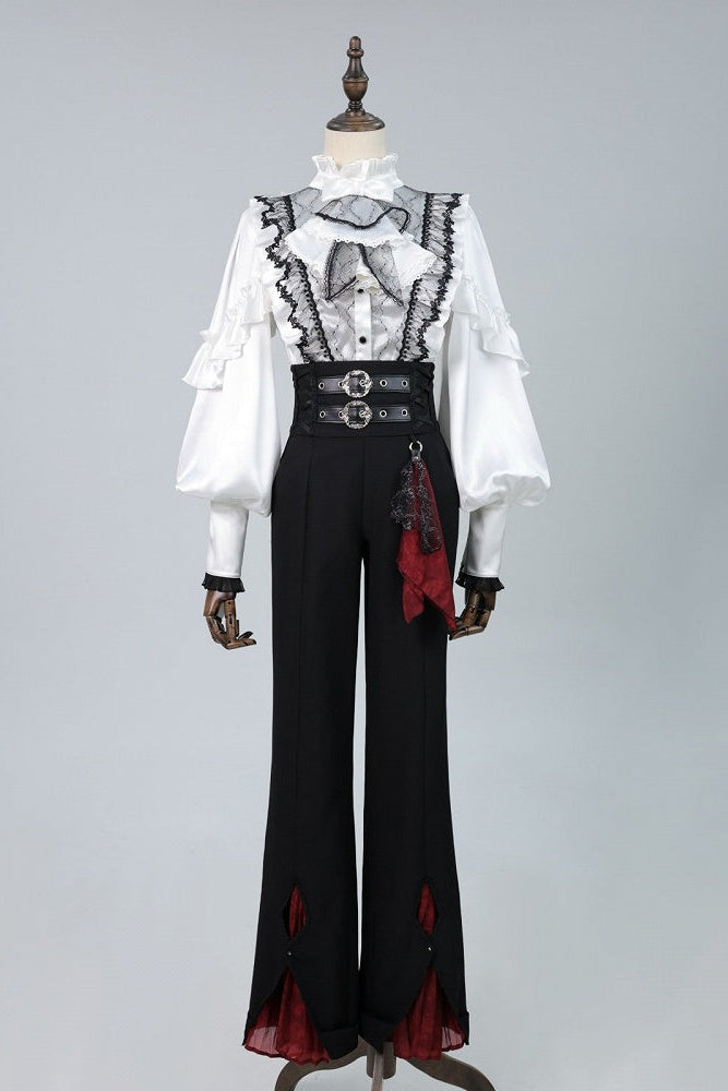 【10月2日予約締切】Gothic Knight Prince Lolita Victorian Lace Ruffle Shirt +Jewel Jabot Tie + Vintage Buckle Crimson Panel Pants (With Detachable Decorative Handkerchief)
