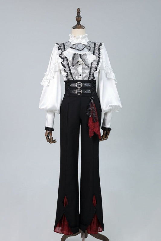 【10月2日予約締切】Gothic Knight Prince Lolita Victorian Lace Ruffle Shirt +Jewel Jabot Tie + Vintage Buckle Crimson Panel Pants (With Detachable Decorative Handkerchief)