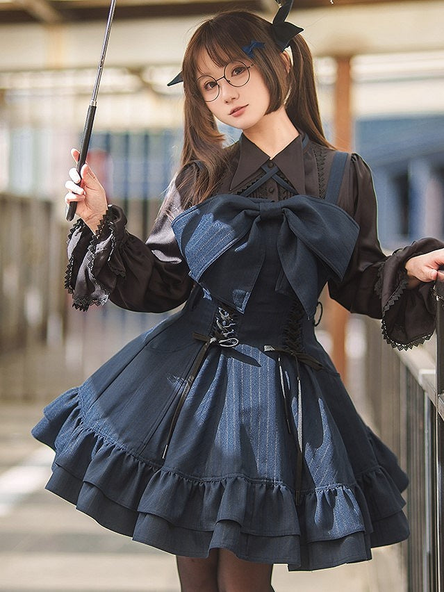 【12月26日予約締切】ゴシックロリータダークカラーストライプリボンサスドレス