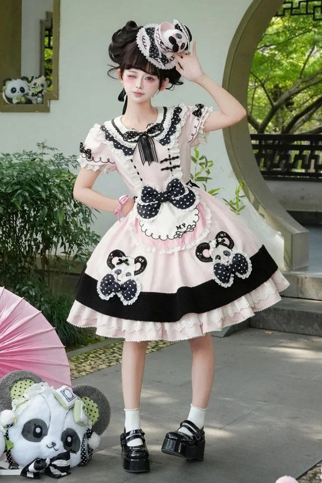 [Pre-order Deadline: October 25] Pink/Green Chinoiserie Lolita Sweet Panda Appliqué Puff Sleeve Polka Dot Bow Apron Dress