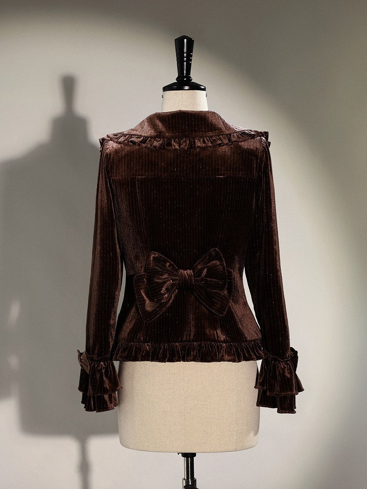 [Reservation Deadline: November 6] Navy Blue/Brown Classic Italian Travel Diary Lolita Silver Thread Velvet Stripe Ribbon Frill Jacket
