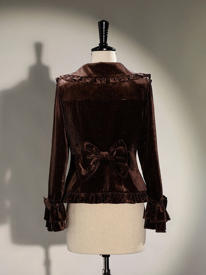 [Reservation Deadline: November 6] Navy Blue/Brown Classic Italian Travel Diary Lolita Silver Thread Velvet Stripe Ribbon Frill Jacket
