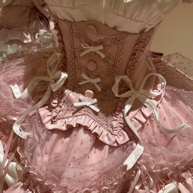 【5月12日予約締切】ピンクホワイトスイートロリータアイドルリボンパフスリーブシャツ＋コルセットチュールプルアップJKSドレスセットアップ