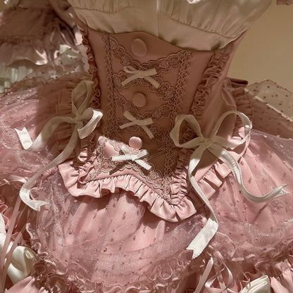 【5月12日予約締切】ピンクホワイトスイートロリータアイドルリボンパフスリーブシャツ＋コルセットチュールプルアップJKSドレスセットアップ