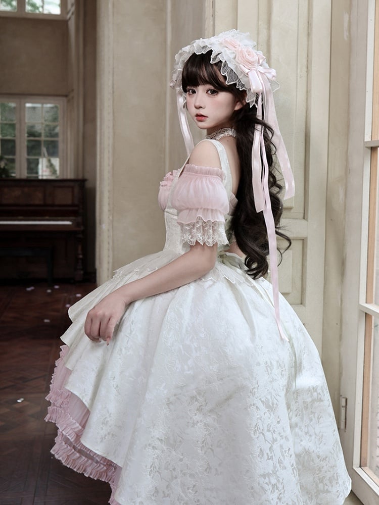 【4月28日予約締切】ピンク×ホワイトエレガントゴシックロリータコルセットレイヤードJSKドレス＋オフショルダーレースパフトップス