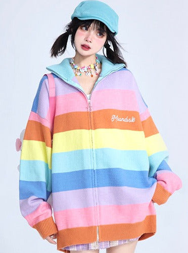 Rainbow Stripe Barbie Girl Knit Zip Cardigan