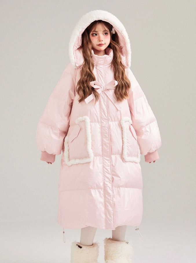 Boa Hoodie Sweet Ribbon Drawstring Long Down Coat