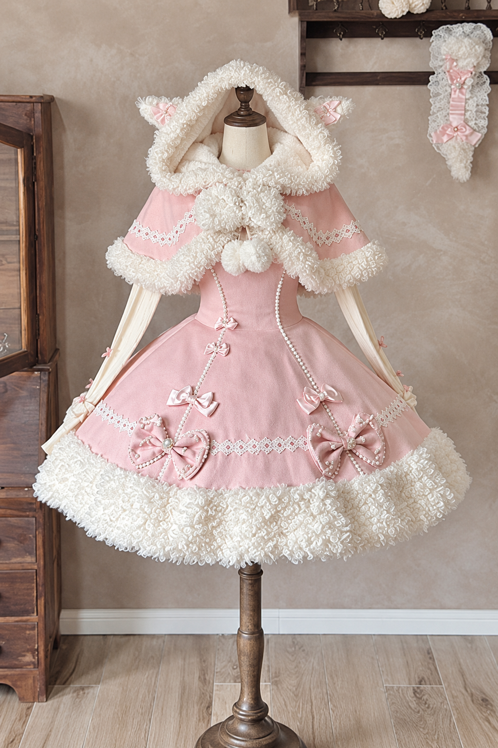 [Pre-order Deadline: November 7] Yellow/Pink Sweet Lolita Lace Ribbon Fluffy Hem JSK Dress + Fur-Trimmed Sheep-Ear Hooded Cape + Ruffle-Neck Ribbed Bell-Sleeve Top Set 1/2 + Full Set