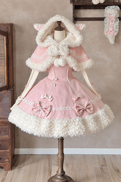 [Pre-order Deadline: November 7] Yellow/Pink Sweet Lolita Lace Ribbon Fluffy Hem JSK Dress + Fur-Trimmed Sheep-Ear Hooded Cape + Ruffle-Neck Ribbed Bell-Sleeve Top Set 1/2 + Full Set