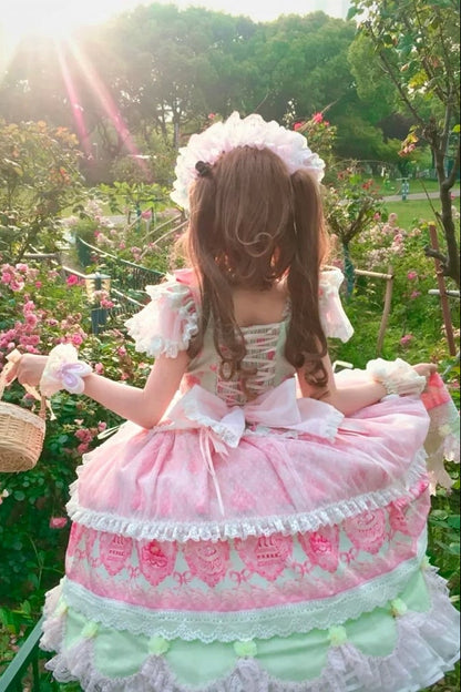 [Reservierungsschluss 26. Juni] Erdbeer-Sweet-Lolita-JKS-Kleid mit Spitze, Flatterärmeln, hochgezogenem Design und Tülllagen