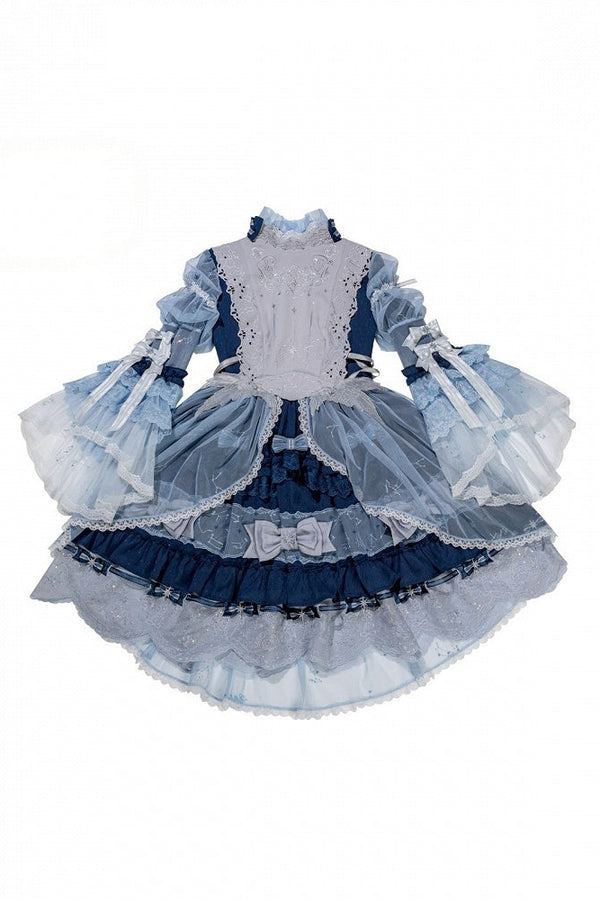 【9月23日予約締切】Light Blue/Dark Blue Celestial Star Embroidered Classic Lolita Bell Sleeve Tulle Layered Bow Dress