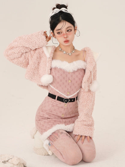 Tube Top Suspender Dress + Fur Pompom Short Coat [Reserved Item