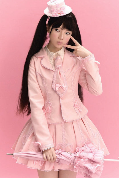 [Pre-order Deadline: June 28] Pink/Gray Vintage Lolita Heart Ribbon Tailored Jacket + Skirt + Tie
