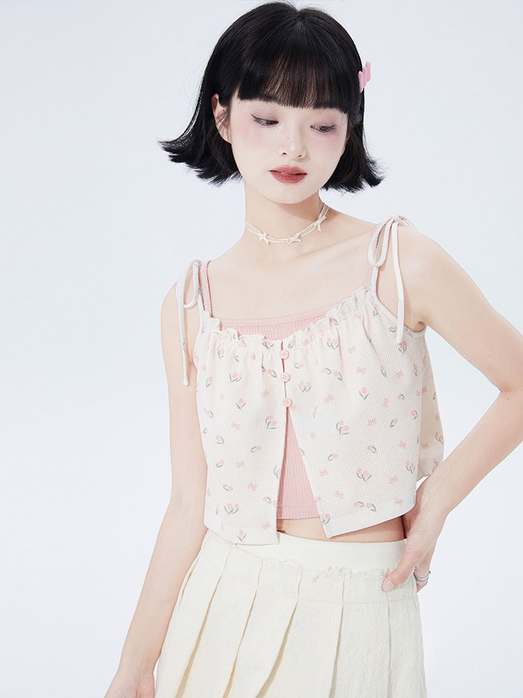 Frilled flower & pink layer ribbon camisole