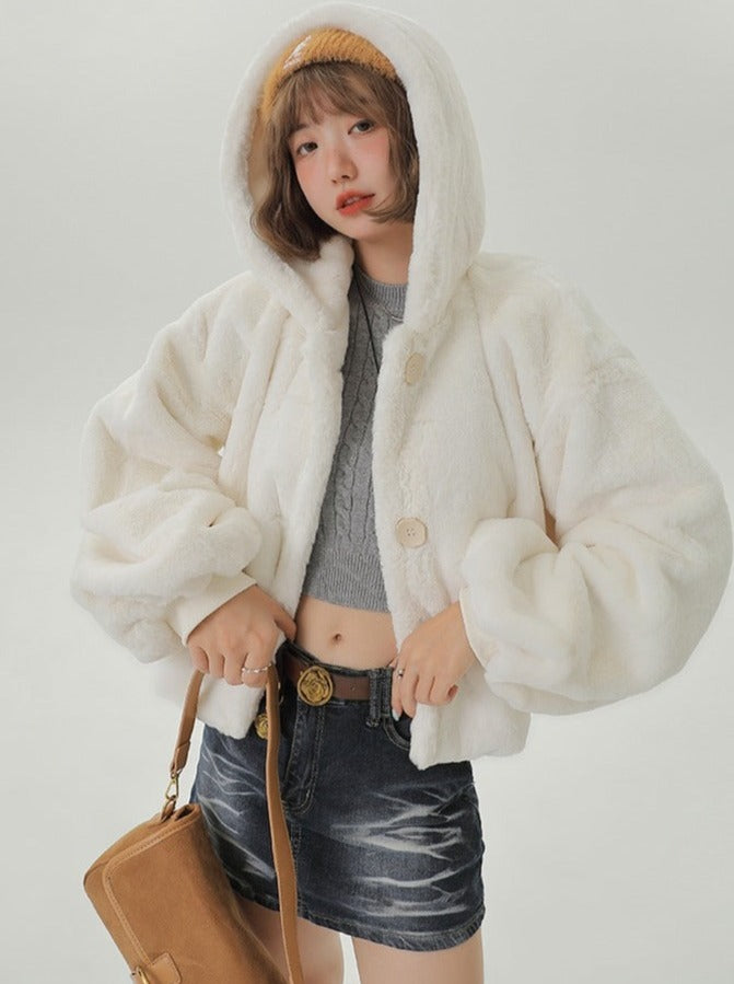 Velvet fur hooded long coat + hooded short coat