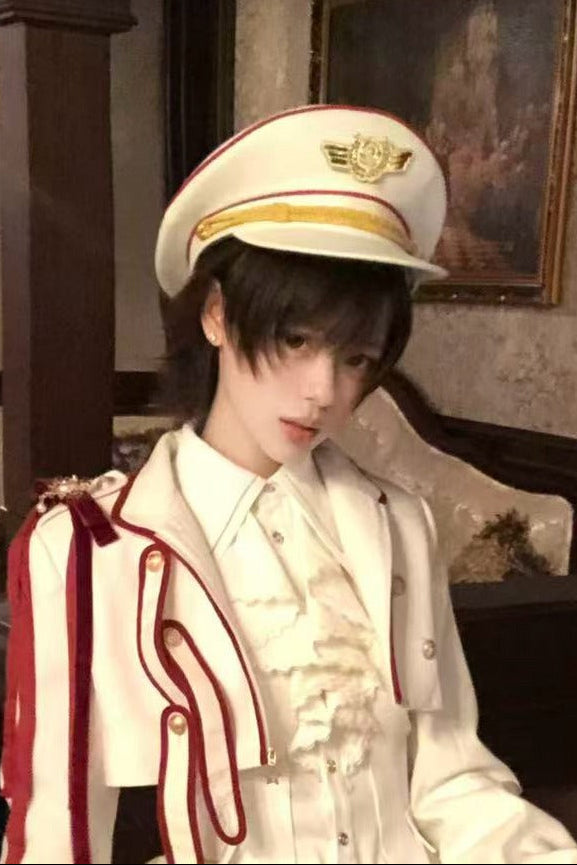 【9月13日予約締切】White Burgundy Military Ruffle Lolita Jacket (with epaulet bow) + Shirt + Short Skirt Set / Shorts Set + Complete set 1/2 (Officer cap + Leg covers + Sash)